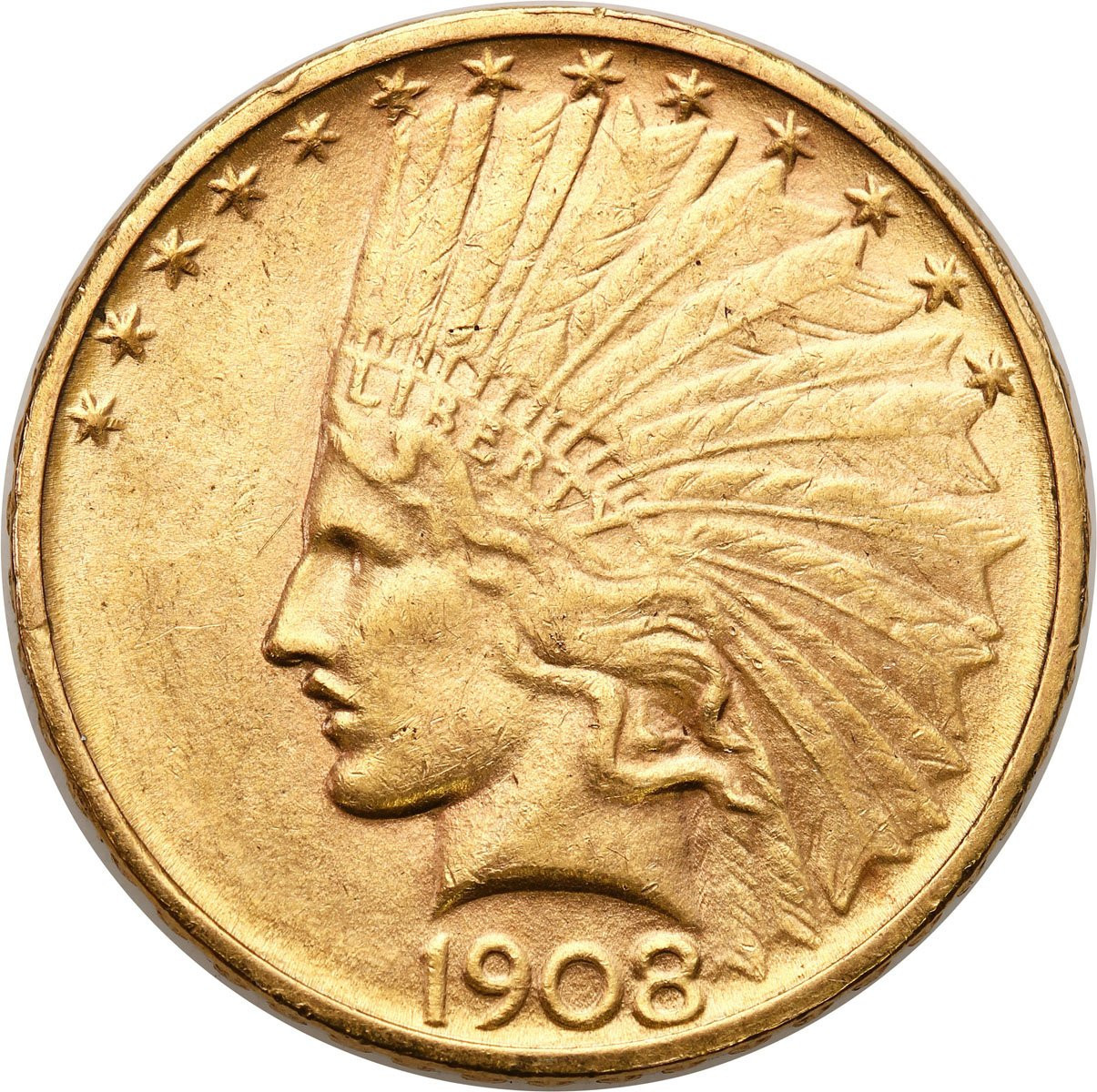 USA. Złote 10 $ dolarów 1908 Indianin, D Denver